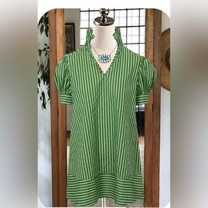 Green and white striped dress. Fitted. Very cute.